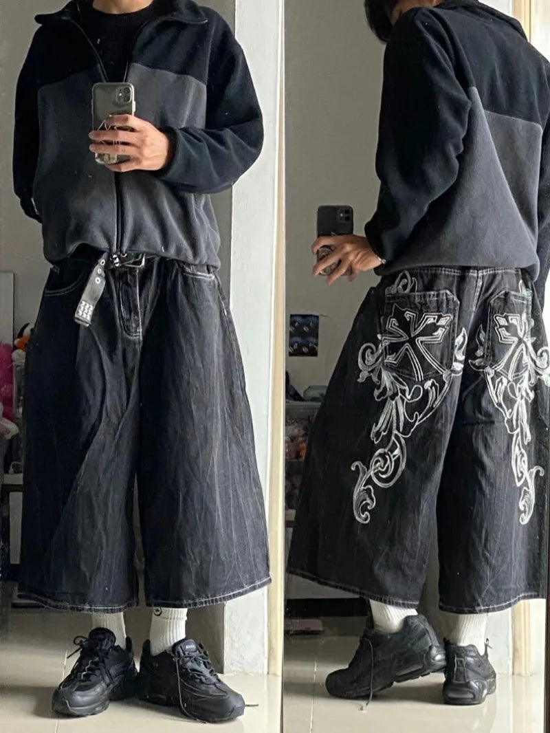 2026 American Summer New Fashion Pattern Embroidery Loose Denim Shorts Men Y2K Harajuku Hip Hop Popular Casual Wide-leg Shorts