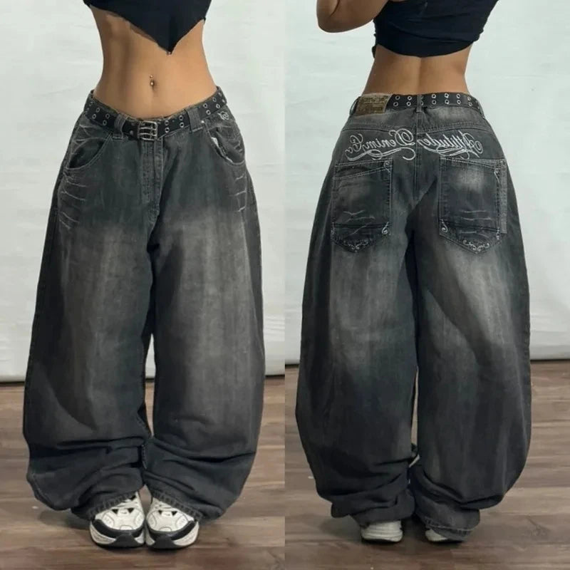 American Vintage New Pattern Printing Black Baggy Jeans Men Y2K Gothic Harajuku Hip Hop Popular Casual Joker Wide-leg Pants