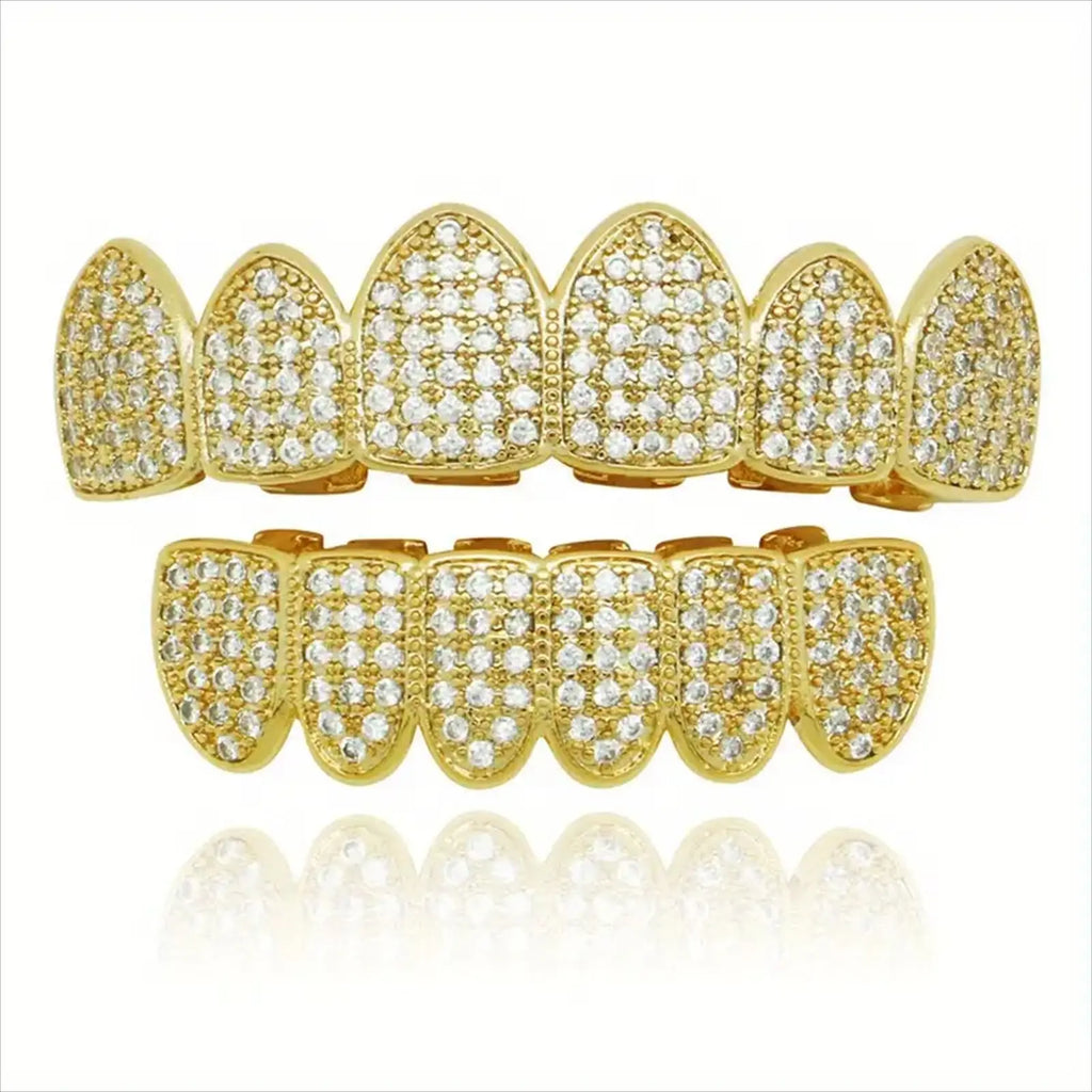Fit Silver Plated CZ Teeth Set For Unisex Top Bottom Mouth Gold Silver Color Teeth Tooth Cap Removable HipHop Fashion Jewelry