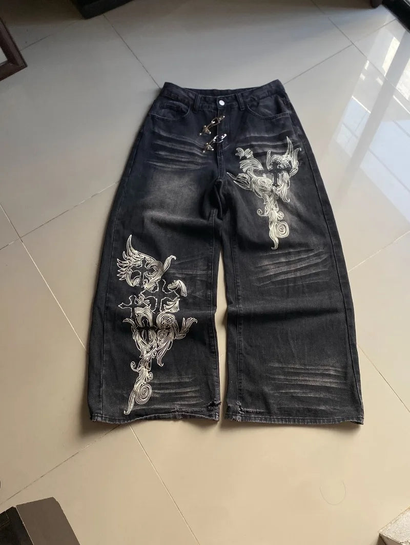 American Vintage New Pattern Printing Black Baggy Jeans Men Y2K Gothic Harajuku Hip Hop Popular Casual Joker Wide-leg Pants