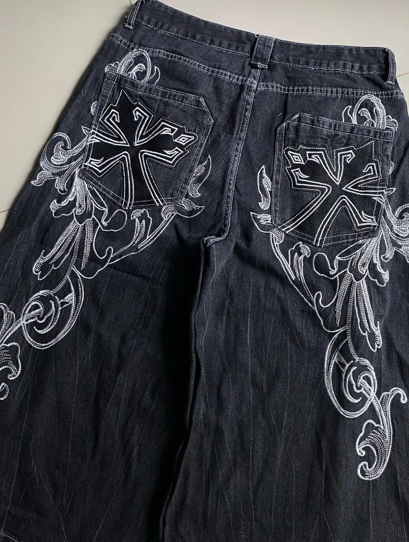 2026 American Summer New Fashion Pattern Embroidery Loose Denim Shorts Men Y2K Harajuku Hip Hop Popular Casual Wide-leg Shorts