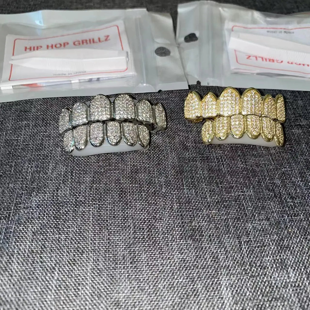 Fit Silver Plated CZ Teeth Set For Unisex Top Bottom Mouth Gold Silver Color Teeth Tooth Cap Removable HipHop Fashion Jewelry