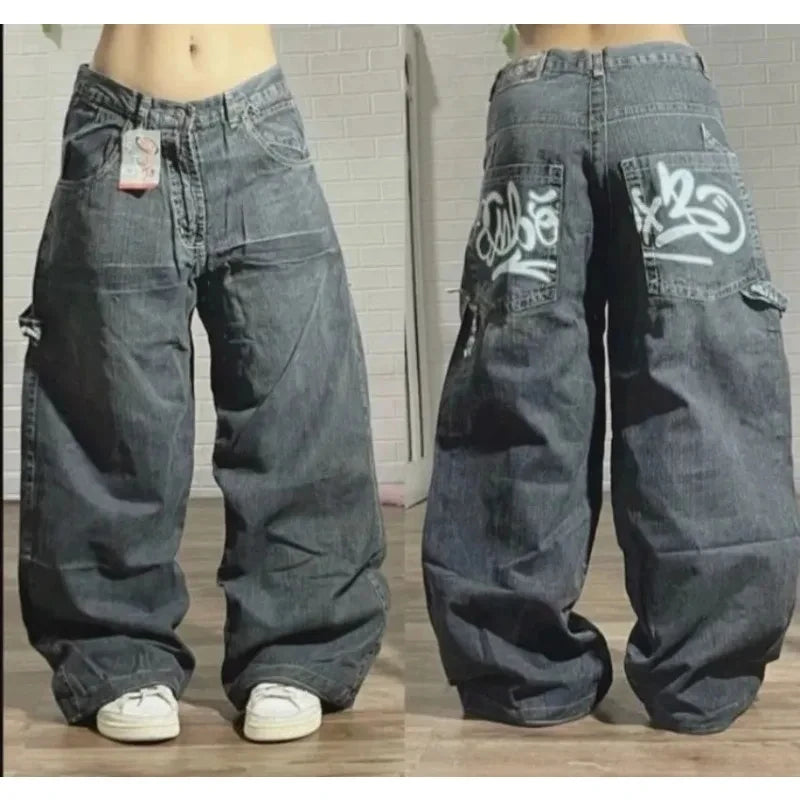 American Vintage New Pattern Printing Black Baggy Jeans Men Y2K Gothic Harajuku Hip Hop Popular Casual Joker Wide-leg Pants