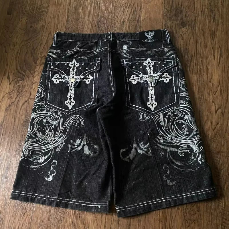 2026 American Summer New Fashion Pattern Embroidery Loose Denim Shorts Men Y2K Harajuku Hip Hop Popular Casual Wide-leg Shorts