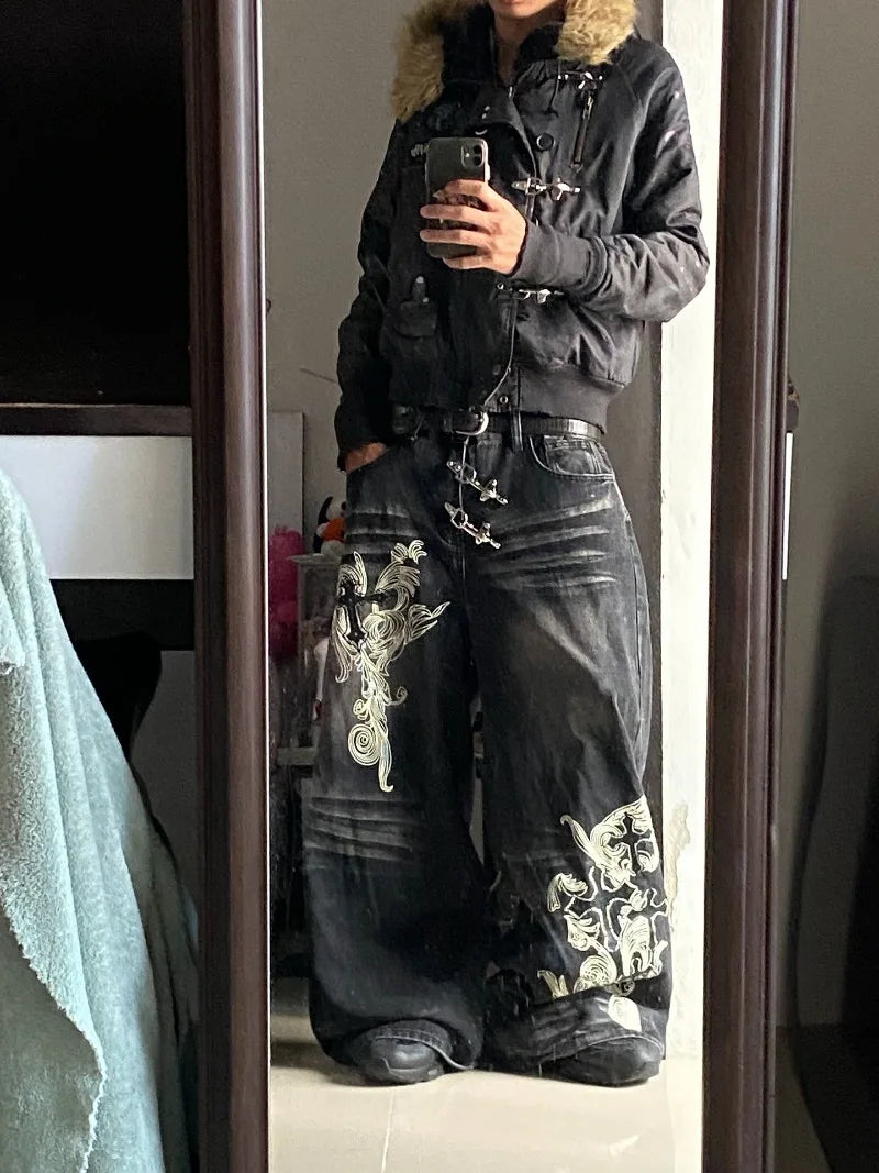 American Vintage New Pattern Printing Black Baggy Jeans Men Y2K Gothic Harajuku Hip Hop Popular Casual Joker Wide-leg Pants