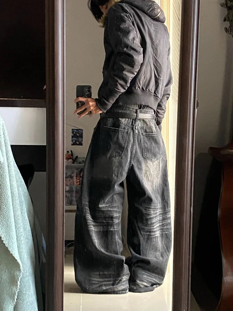 American Vintage New Pattern Printing Black Baggy Jeans Men Y2K Gothic Harajuku Hip Hop Popular Casual Joker Wide-leg Pants