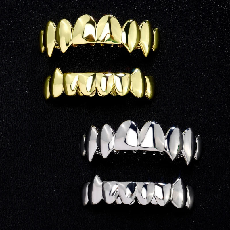 New Gold Top Bottom 8/8 Glossy Teeth Grillz Vampire Fangs Hip Hop Mouth Tooth Caps For Women Men Jewelry Halloween Cosplay Gift