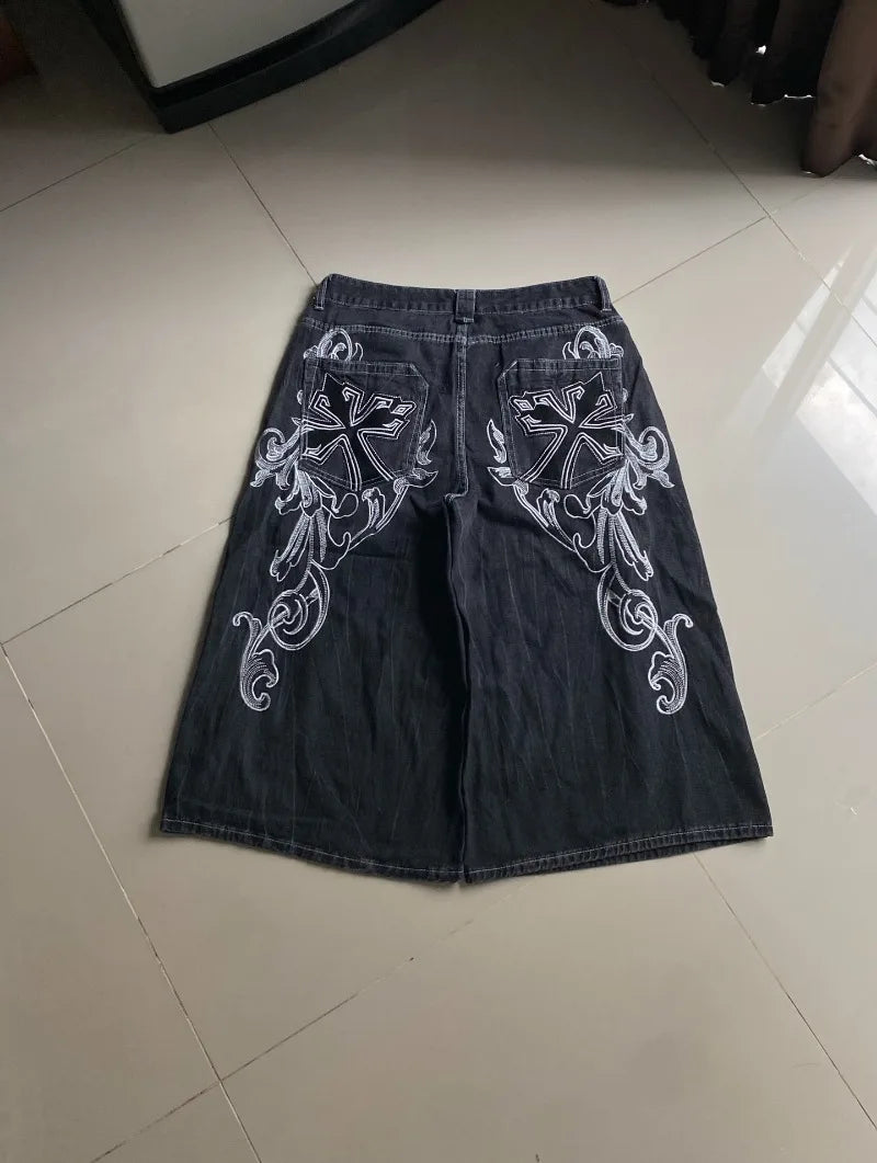 2026 American Summer New Fashion Pattern Embroidery Loose Denim Shorts Men Y2K Harajuku Hip Hop Popular Casual Wide-leg Shorts