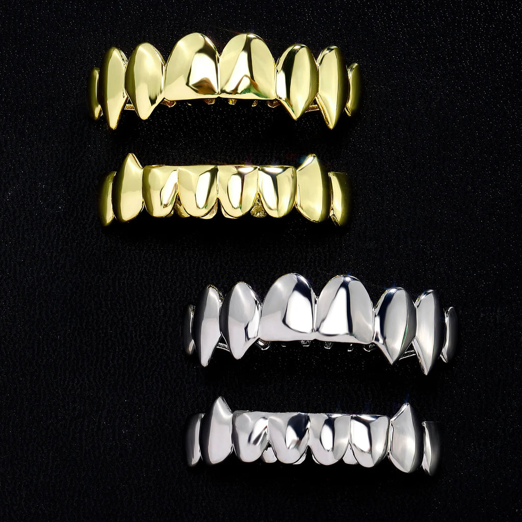 New Gold Top Bottom 8/8 Glossy Teeth Grillz Vampire Fangs Hip Hop Mouth Tooth Caps For Women Men Jewelry Halloween Cosplay Gift