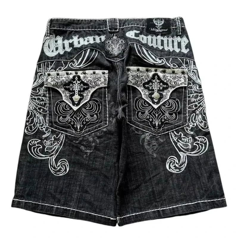 2026 American Summer New Fashion Pattern Embroidery Loose Denim Shorts Men Y2K Harajuku Hip Hop Popular Casual Wide-leg Shorts