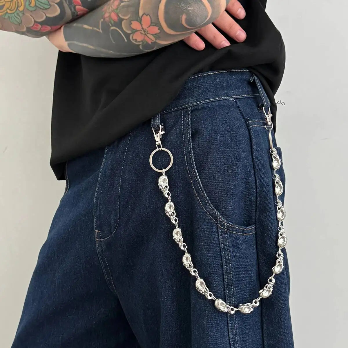 Salircon Punk Exaggerated Metal Skull Keychains Waist Belts Men Hip Hop Trousers Jeans Pants Chain Jewelry Male Halloween Gift