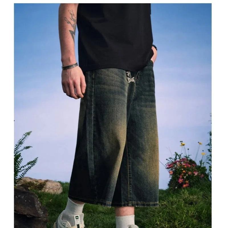 Men's 2026 Summer American High Street Retro Gradient Washed Denim Shorts Lazy Youth Trendy Ins New Versatile Casual Capri Pants