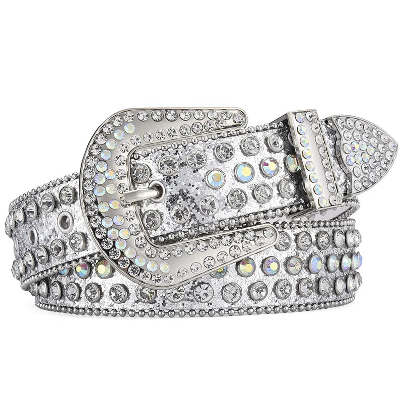 Men's Women's Fashion Rhinestone Belt Western Cowgirl Bling Studded Design Leather Diamond Waistband For Jeans Dress