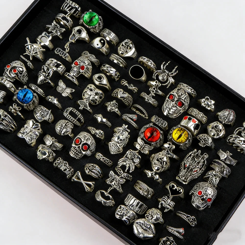 10/20/30/50Pieces Punk Gothic Eye Skull Rings Set For Women Men Mix Style Vintage Butterfly Jewelry Party Gifts