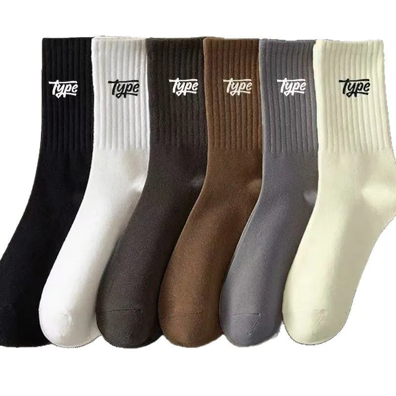 1/6 pairs Casual comfortable mid length socks spring autumn new fashionable versatile sweat absorbing men sports socks