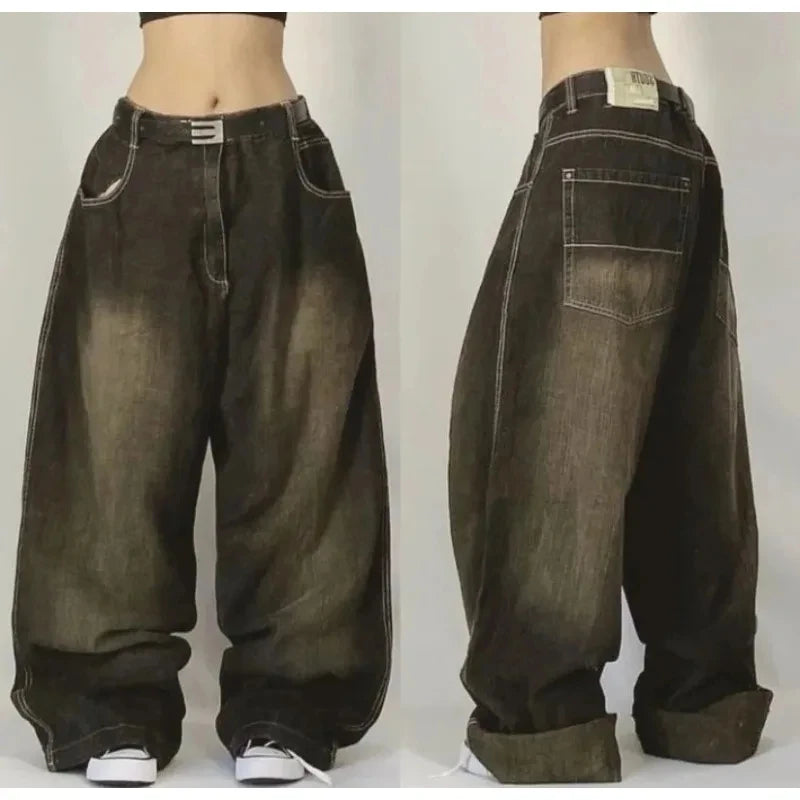 American Vintage New Pattern Printing Black Baggy Jeans Men Y2K Gothic Harajuku Hip Hop Popular Casual Joker Wide-leg Pants