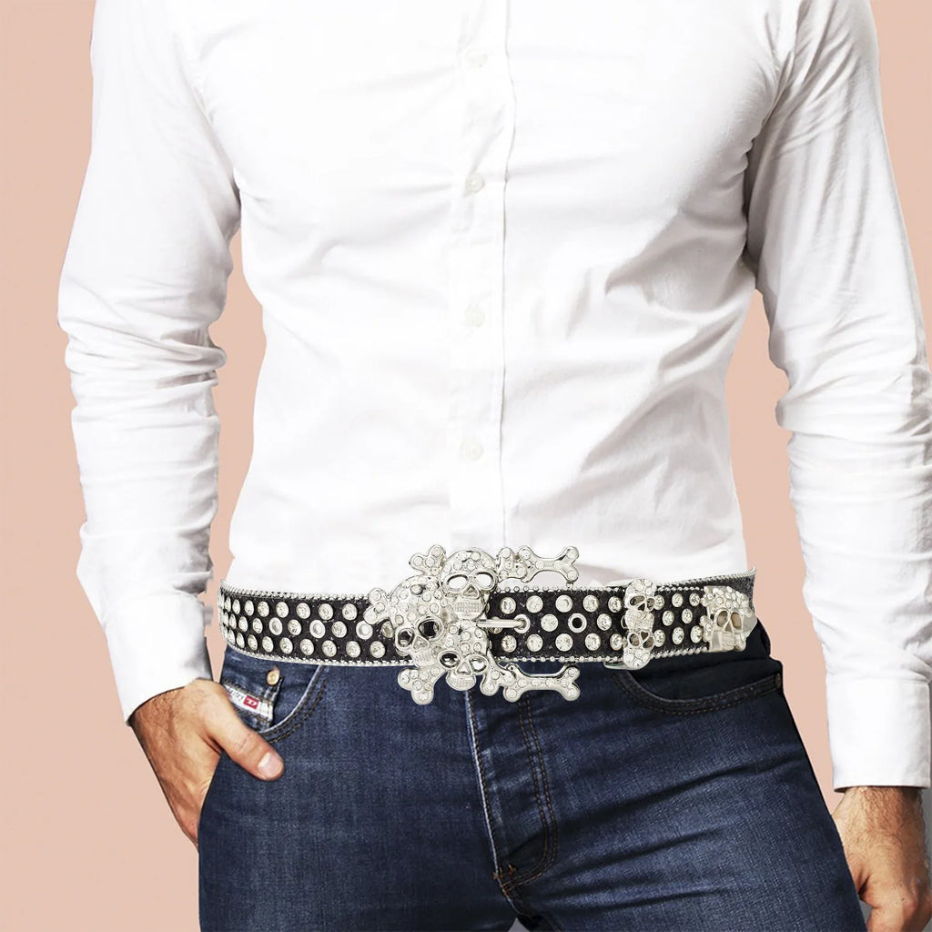 Western Leather Belt Crystal BlingBling Punk Belt Skull Pile Water Diamond Fashion Belt for Cowboy