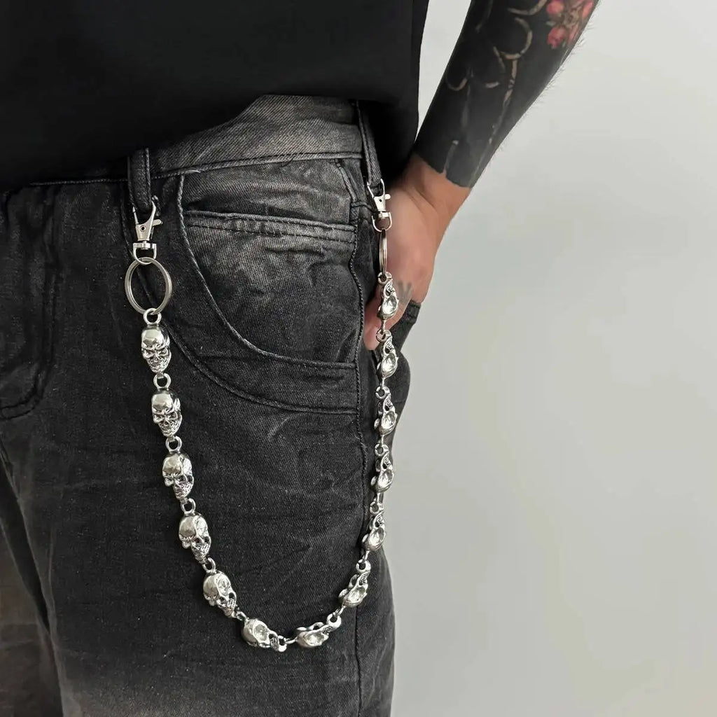 Salircon Punk Exaggerated Metal Skull Keychains Waist Belts Men Hip Hop Trousers Jeans Pants Chain Jewelry Male Halloween Gift