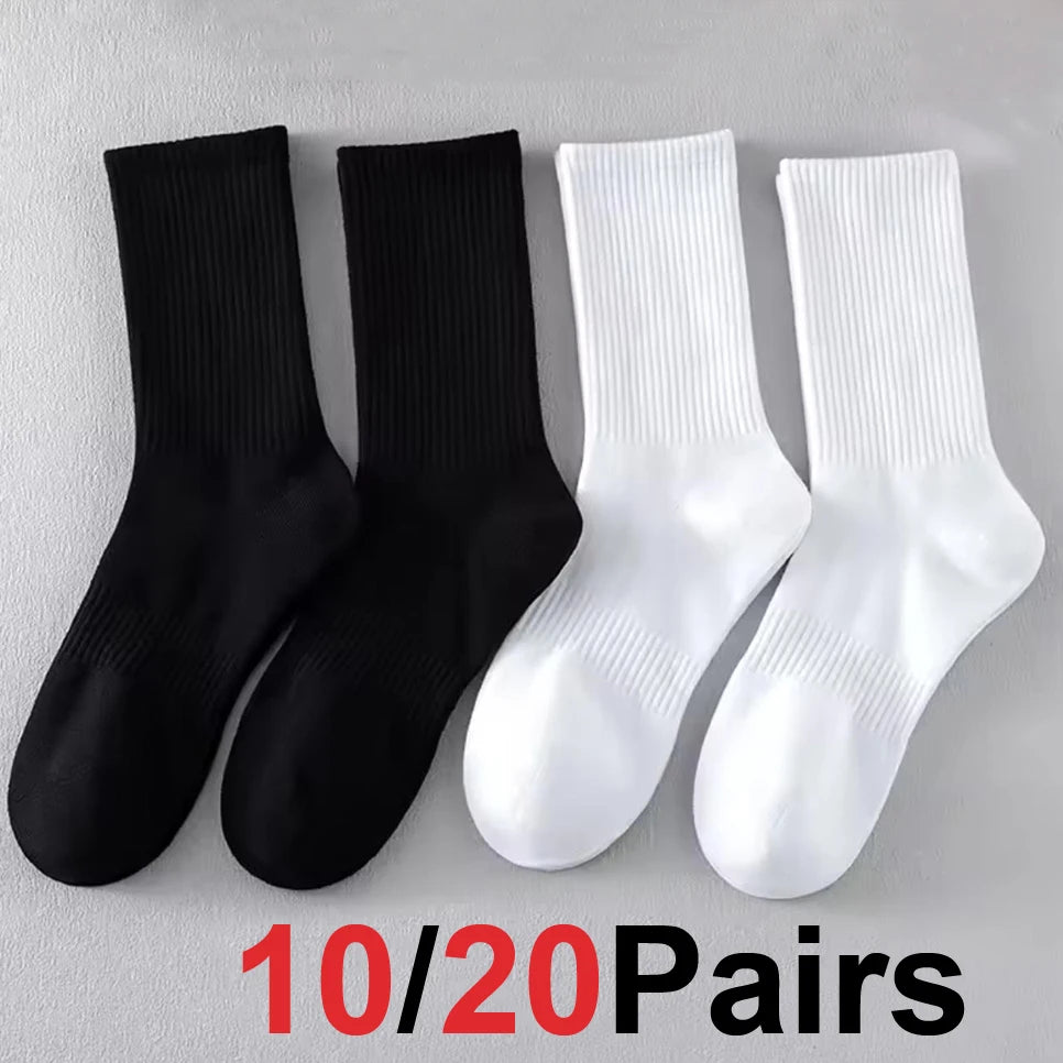 20Pairs Men's Pure Cotton High Socks Classic Black/White Breathable Sweat-Absorbent Warm Elastic Sports Crew Socks