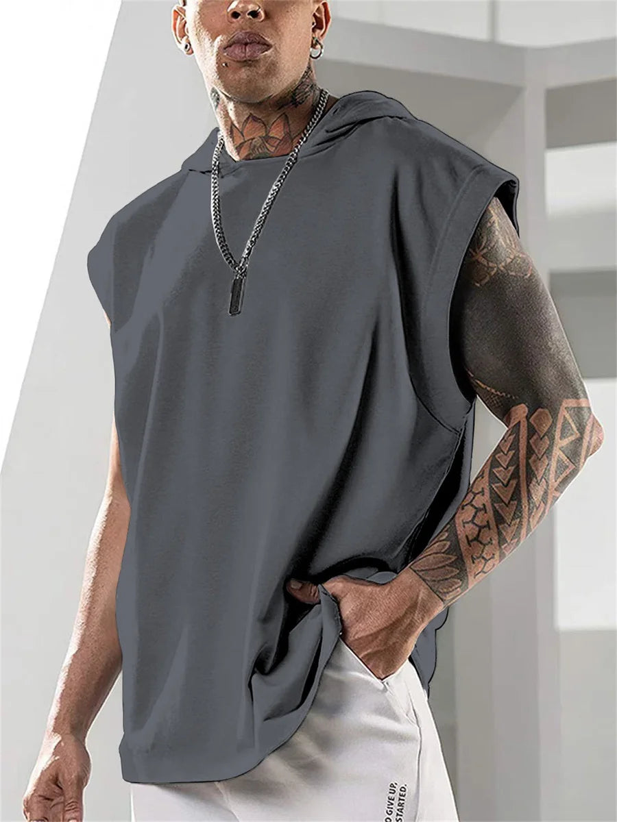 2025 Summer New High Quality Men's Sleeveless Hooded Sweatshirt Loose Vest Fitness Sports Leisure Street Vest M-3XL Size