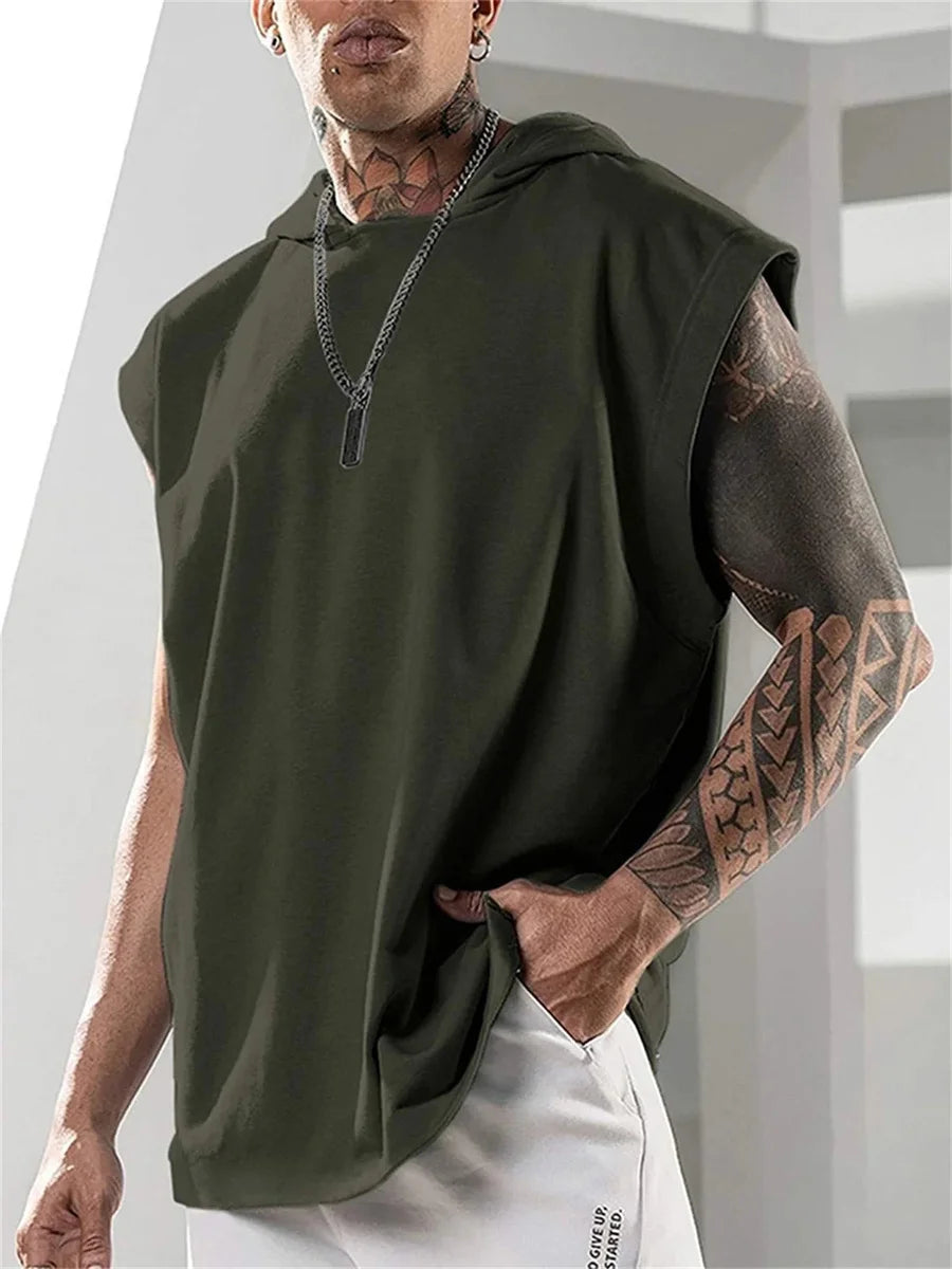 2025 Summer New High Quality Men's Sleeveless Hooded Sweatshirt Loose Vest Fitness Sports Leisure Street Vest M-3XL Size