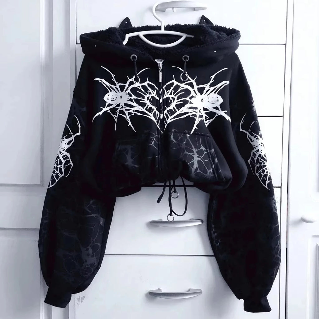 Y2K New Korean Version of College Style Spice Girl Zipper Hoodie Women Harajuku Casual Loose Fleece Thick Sweatshirt Punk Hoodie