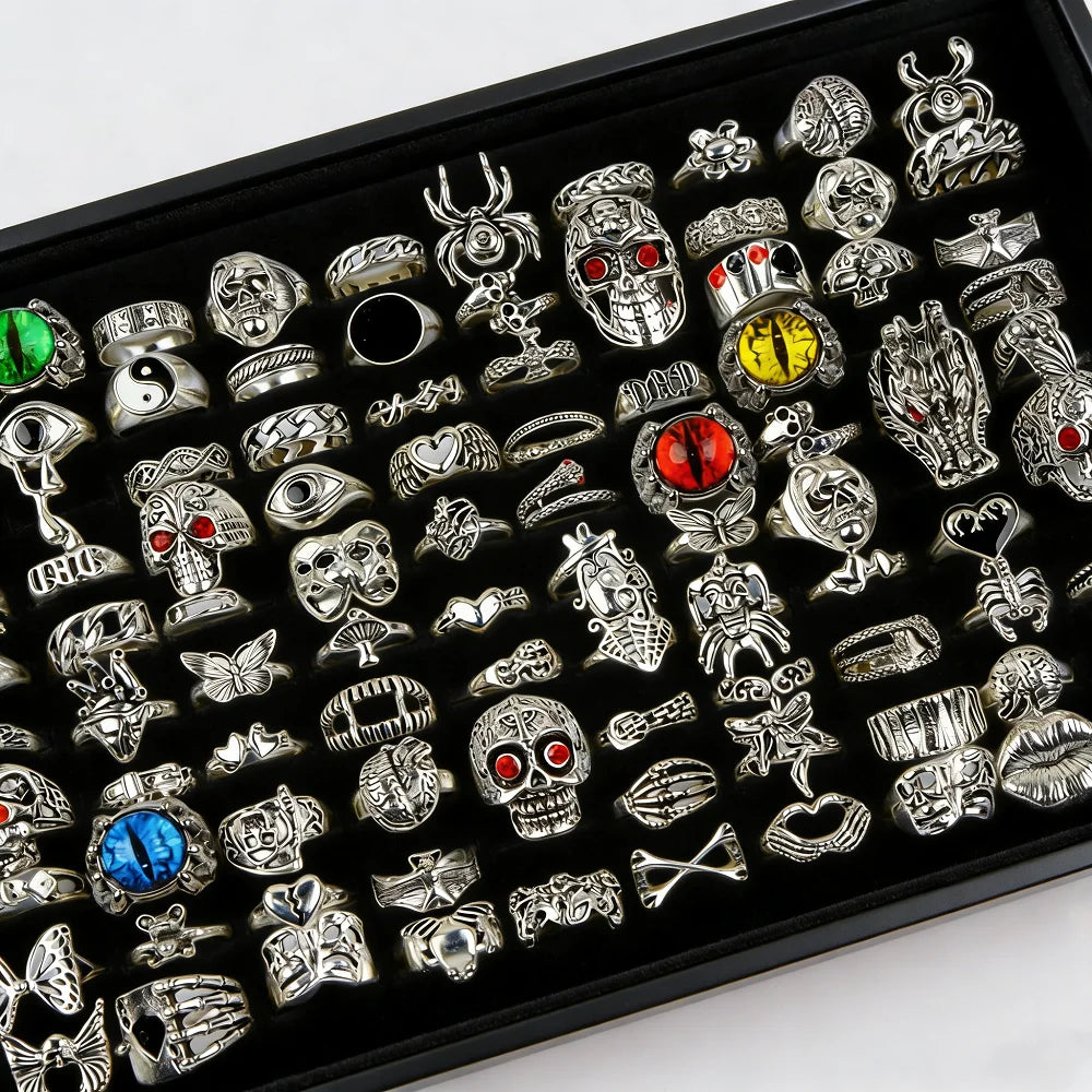 10/20/30/50Pieces Punk Gothic Eye Skull Rings Set For Women Men Mix Style Vintage Butterfly Jewelry Party Gifts
