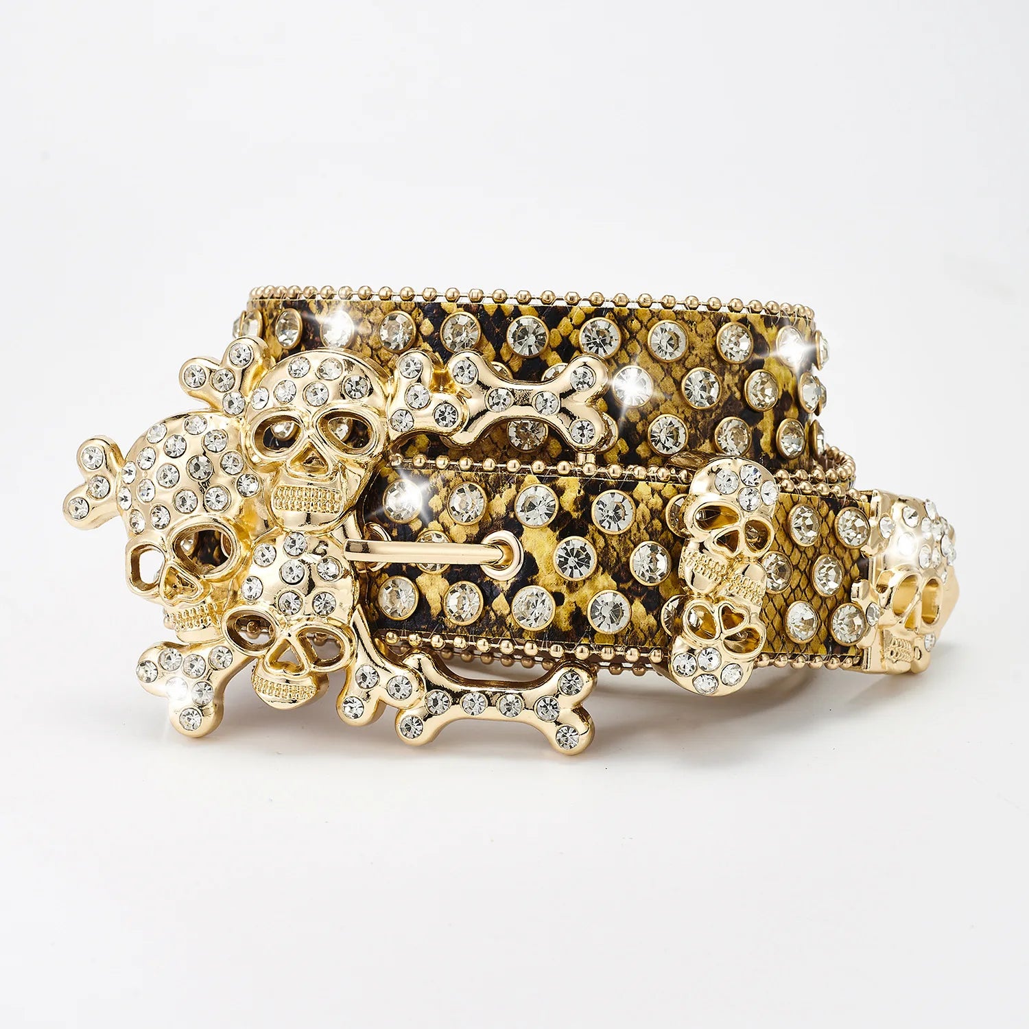 Western Leather Belt Crystal BlingBling Punk Belt Skull Pile Water Diamond Fashion Belt for Cowboy