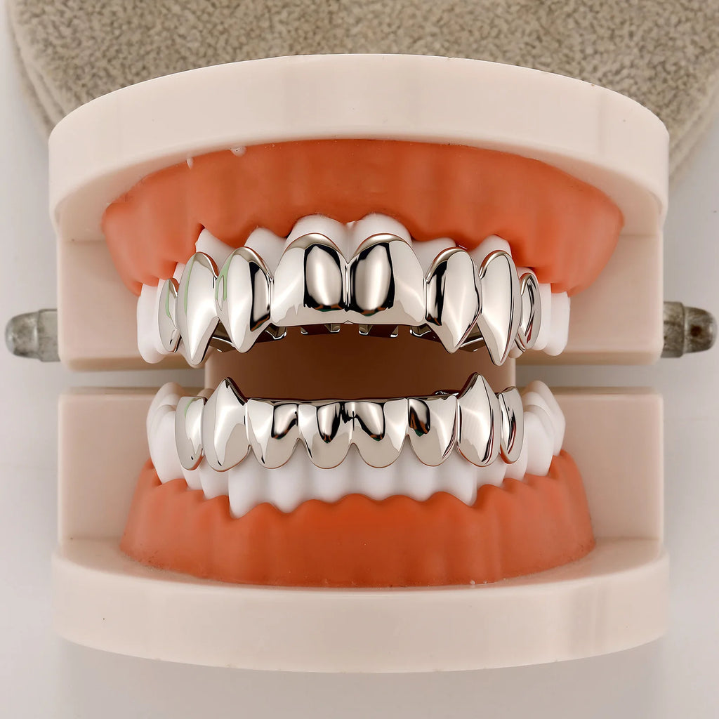New Gold Top Bottom 8/8 Glossy Teeth Grillz Vampire Fangs Hip Hop Mouth Tooth Caps For Women Men Jewelry Halloween Cosplay Gift