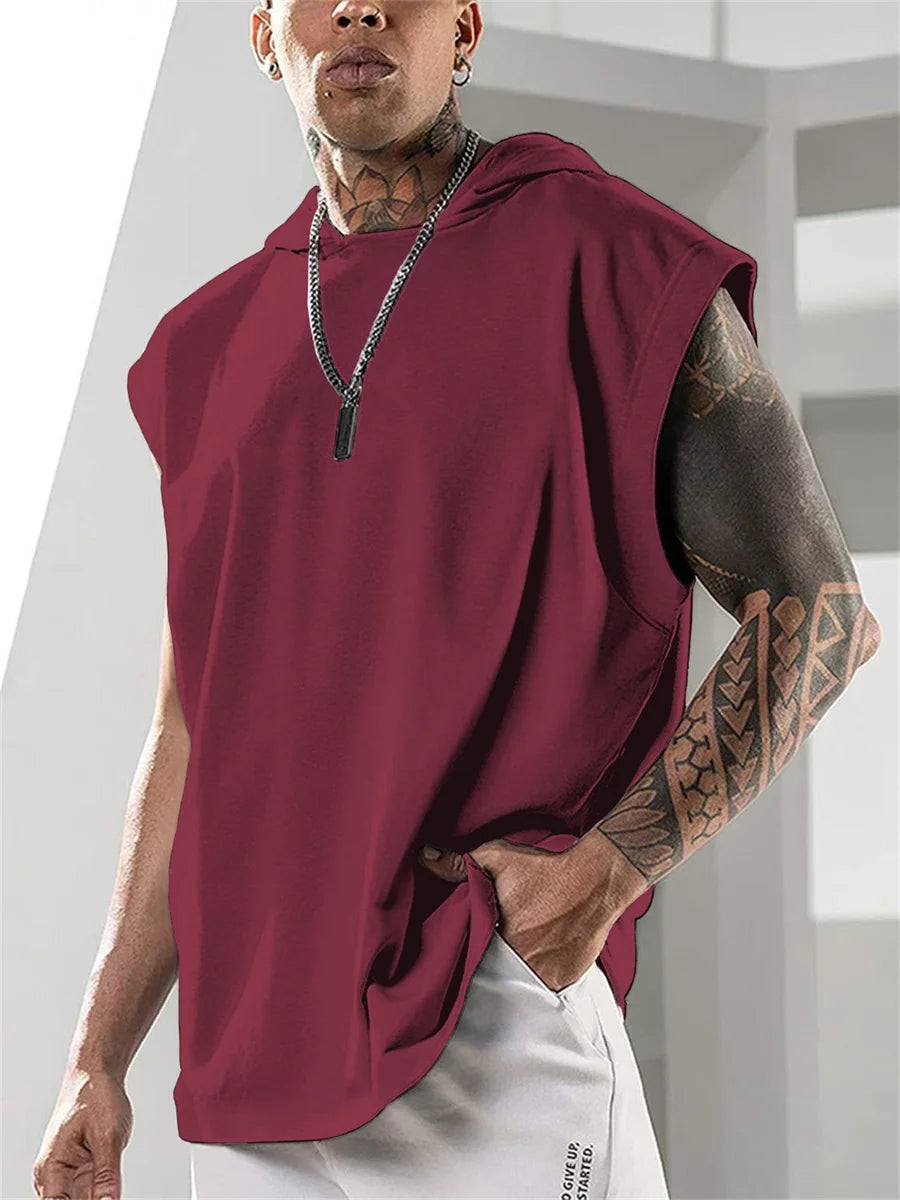 2025 Summer New High Quality Men's Sleeveless Hooded Sweatshirt Loose Vest Fitness Sports Leisure Street Vest M-3XL Size