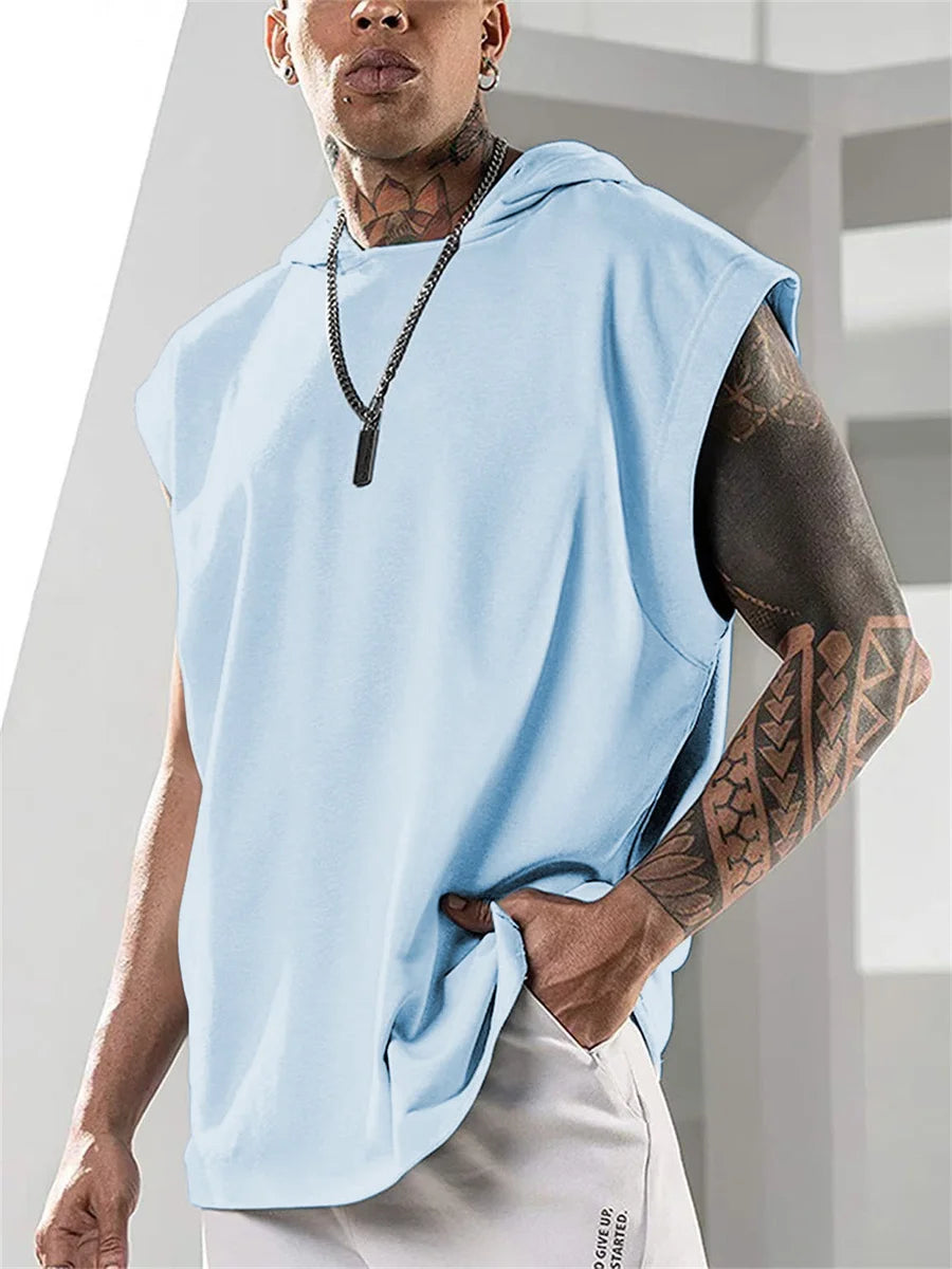 2025 Summer New High Quality Men's Sleeveless Hooded Sweatshirt Loose Vest Fitness Sports Leisure Street Vest M-3XL Size
