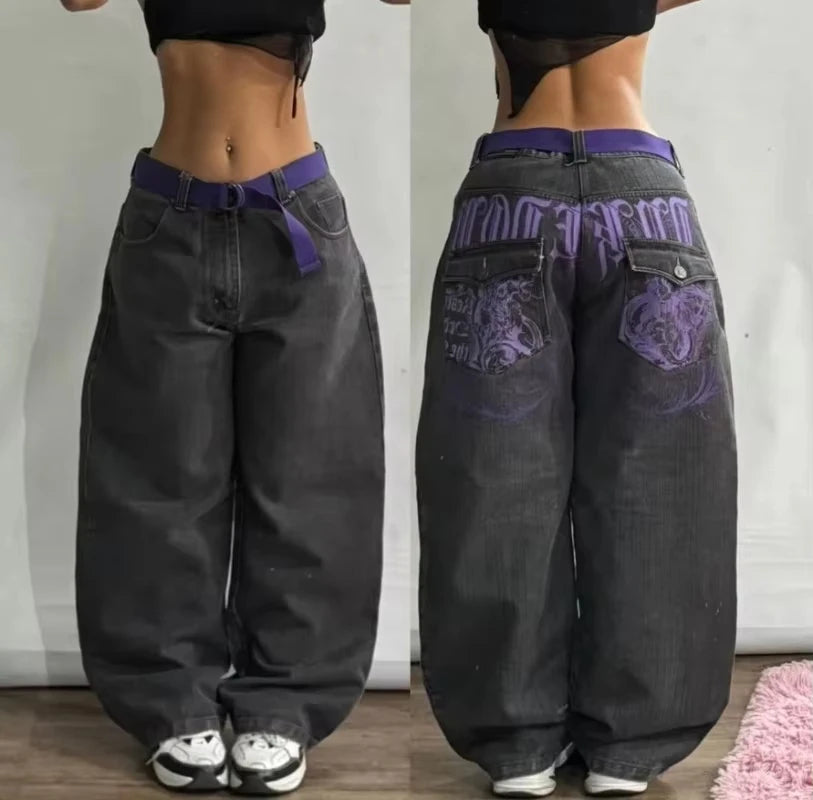 American Vintage New Pattern Printing Black Baggy Jeans Men Y2K Gothic Harajuku Hip Hop Popular Casual Joker Wide-leg Pants