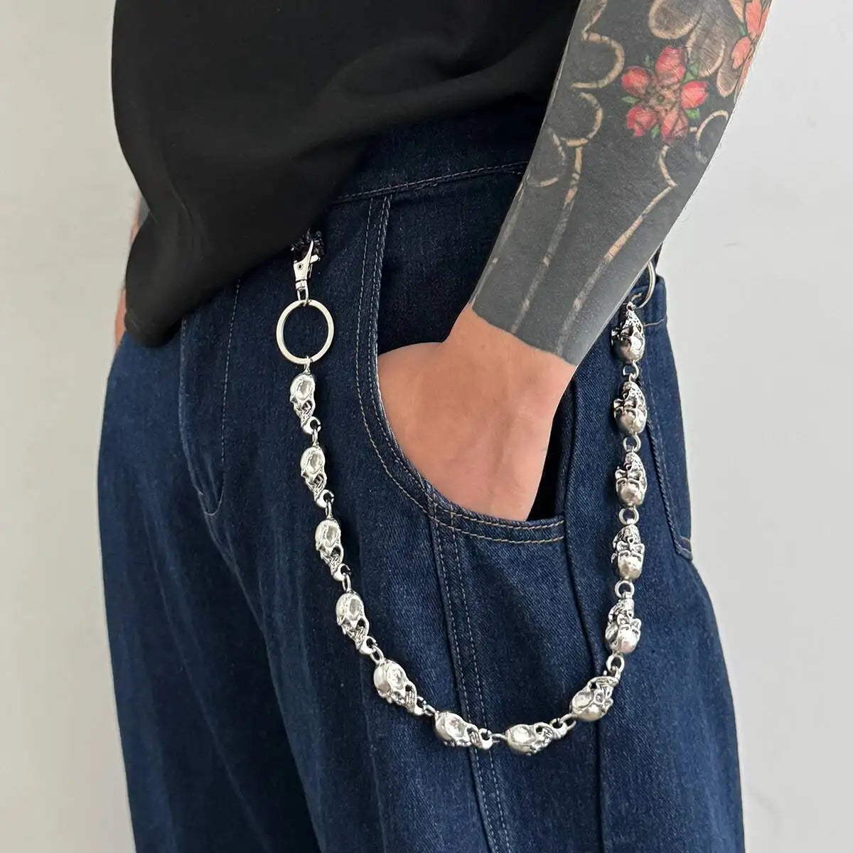 Salircon Punk Exaggerated Metal Skull Keychains Waist Belts Men Hip Hop Trousers Jeans Pants Chain Jewelry Male Halloween Gift