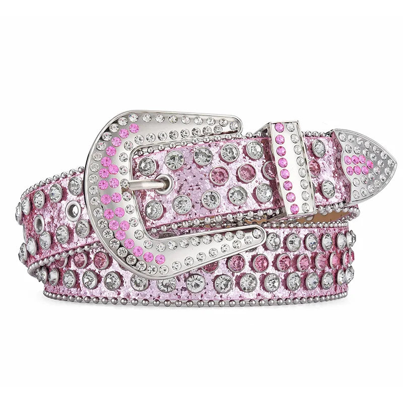 Men's Women's Fashion Rhinestone Belt Western Cowgirl Bling Studded Design Leather Diamond Waistband For Jeans Dress