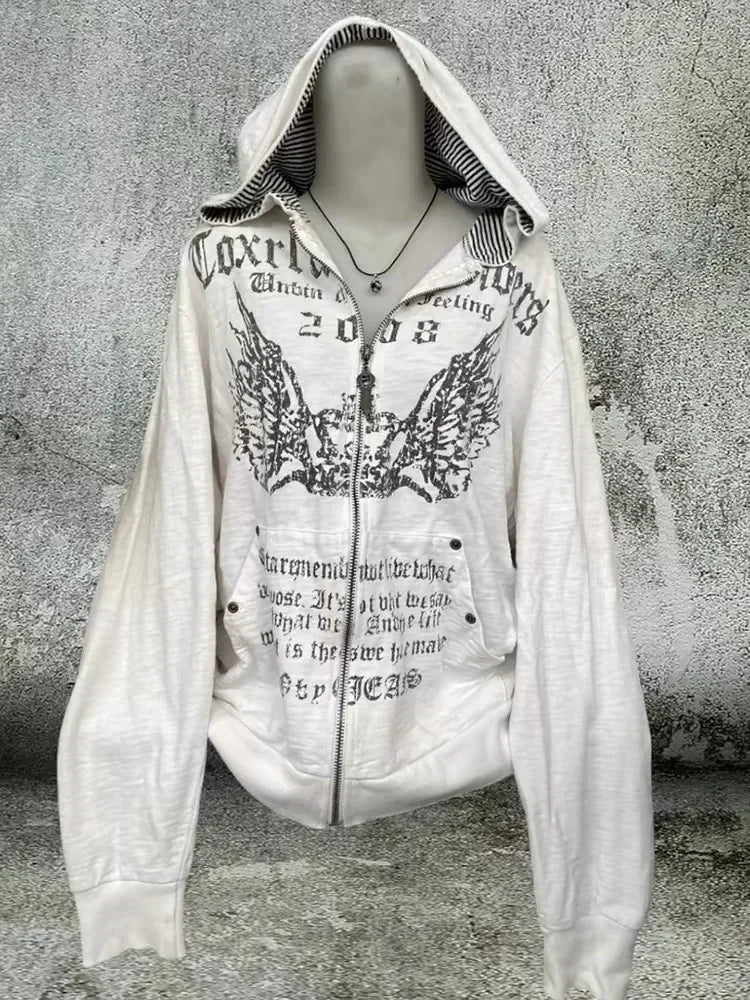 Y2K New Korean Version of College Style Spice Girl Zipper Hoodie Women Harajuku Casual Loose Fleece Thick Sweatshirt Punk Hoodie