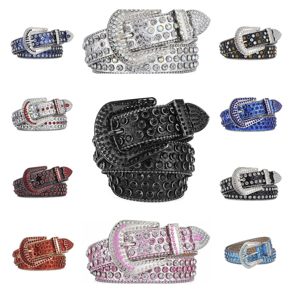 Men's Women's Fashion Rhinestone Belt Western Cowgirl Bling Studded Design Leather Diamond Waistband For Jeans Dress