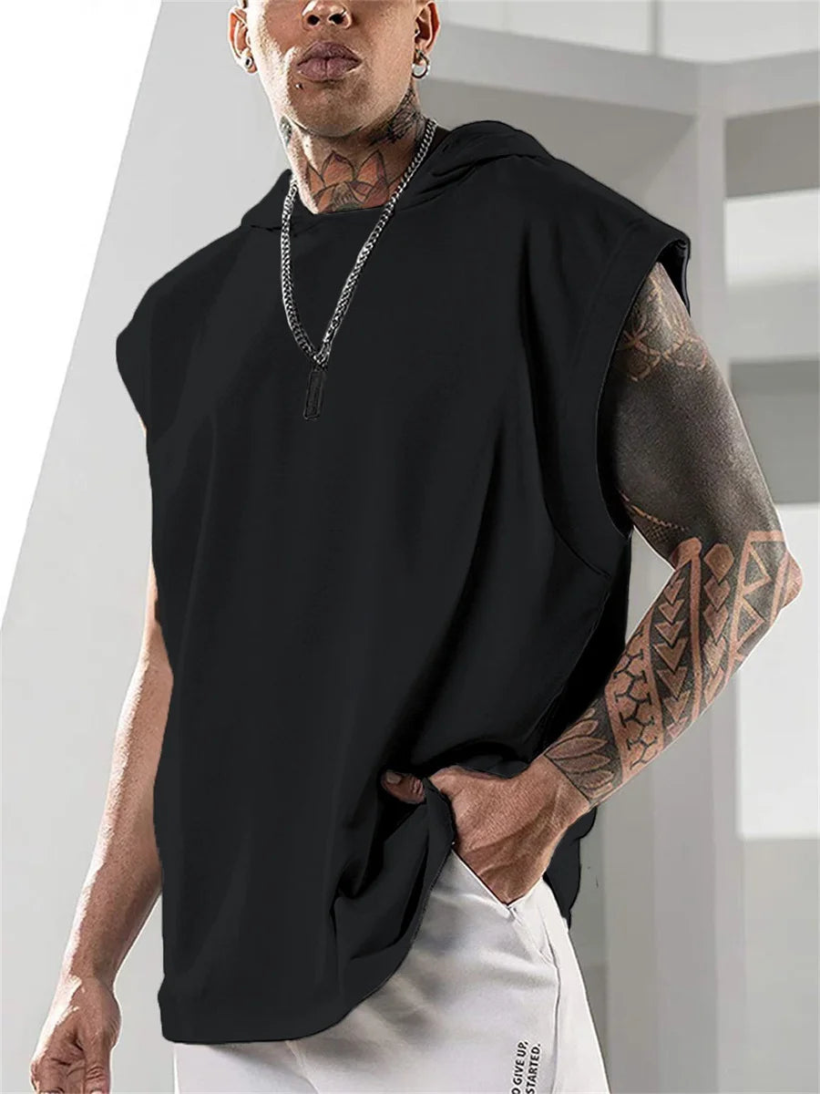 2025 Summer New High Quality Men's Sleeveless Hooded Sweatshirt Loose Vest Fitness Sports Leisure Street Vest M-3XL Size