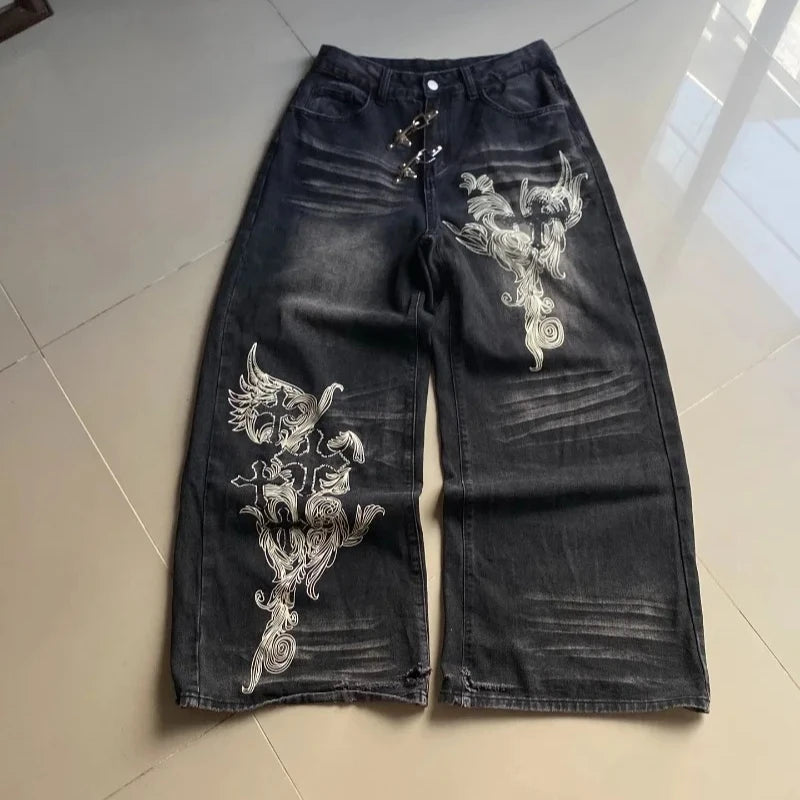 American Vintage New Pattern Printing Black Baggy Jeans Men Y2K Gothic Harajuku Hip Hop Popular Casual Joker Wide-leg Pants