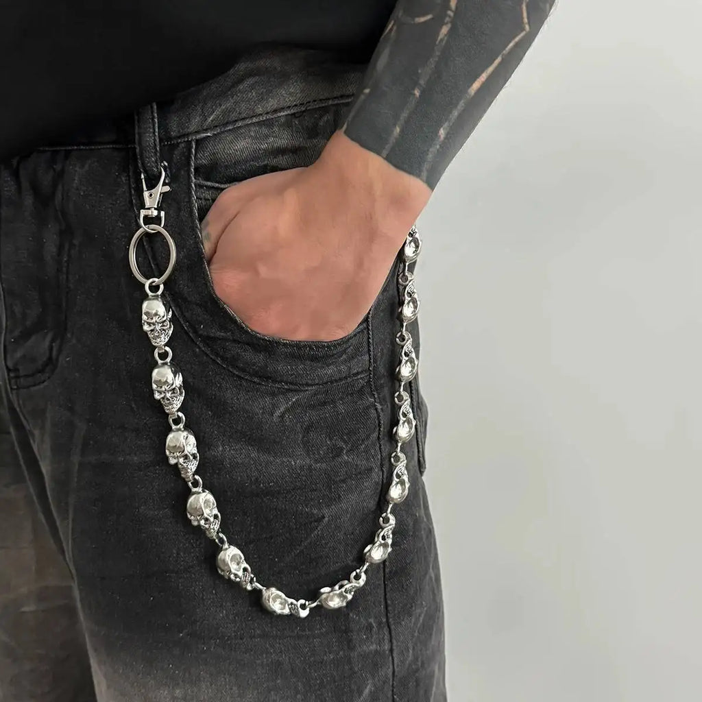 Salircon Punk Exaggerated Metal Skull Keychains Waist Belts Men Hip Hop Trousers Jeans Pants Chain Jewelry Male Halloween Gift
