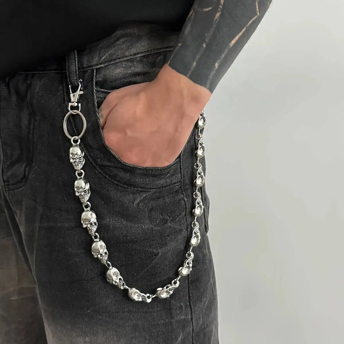 Salircon Punk Exaggerated Metal Skull Keychains Waist Belts Men Hip Hop Trousers Jeans Pants Chain Jewelry Male Halloween Gift