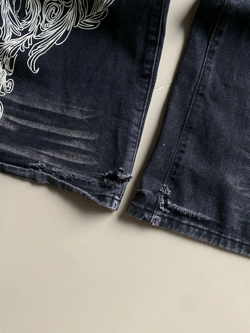 American Vintage New Pattern Printing Black Baggy Jeans Men Y2K Gothic Harajuku Hip Hop Popular Casual Joker Wide-leg Pants