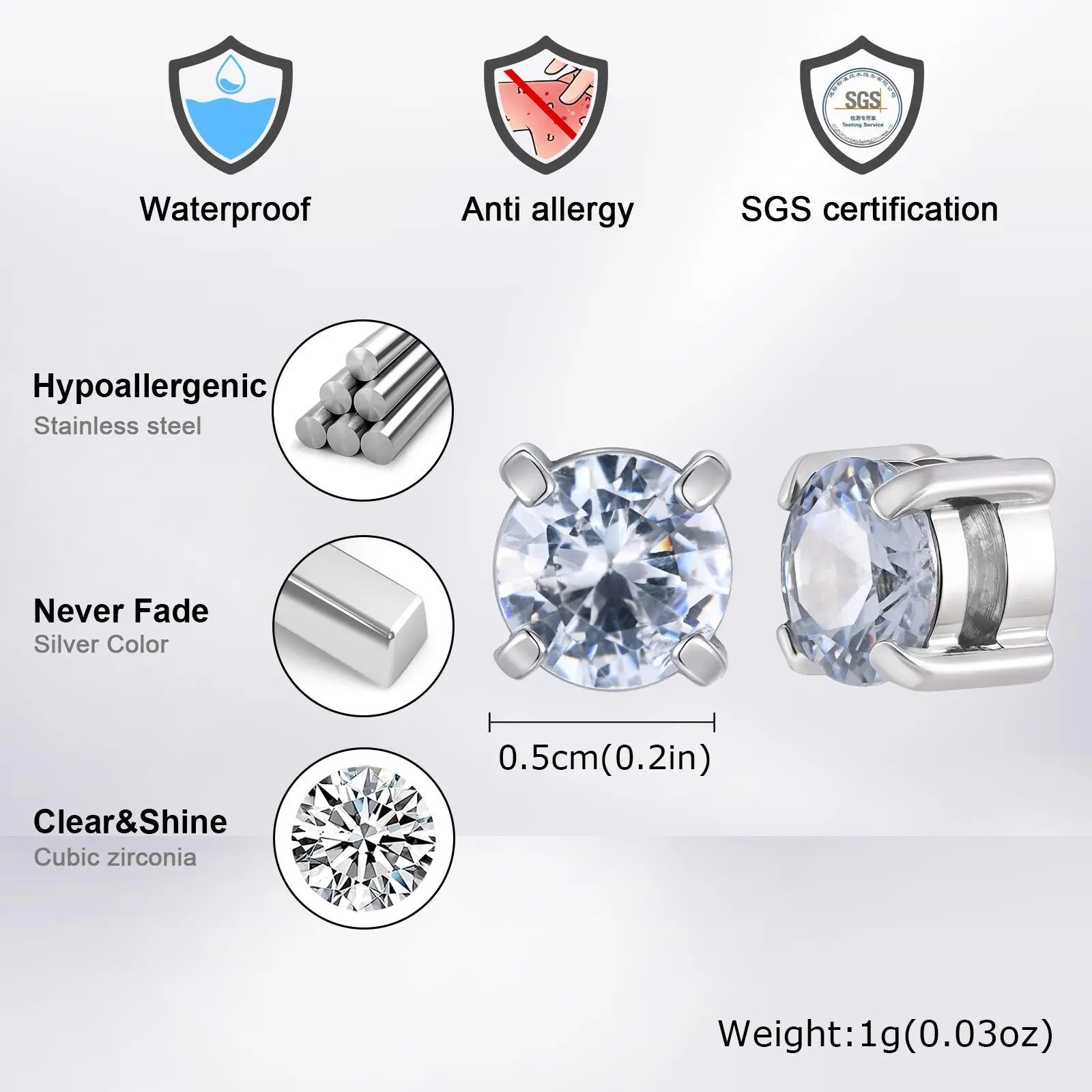Punk Round Zircon Magnetic Ear Studs Clips Non Piercing Stainless Steel Small Earrings for Women Men Fashion Jewelry ﻿