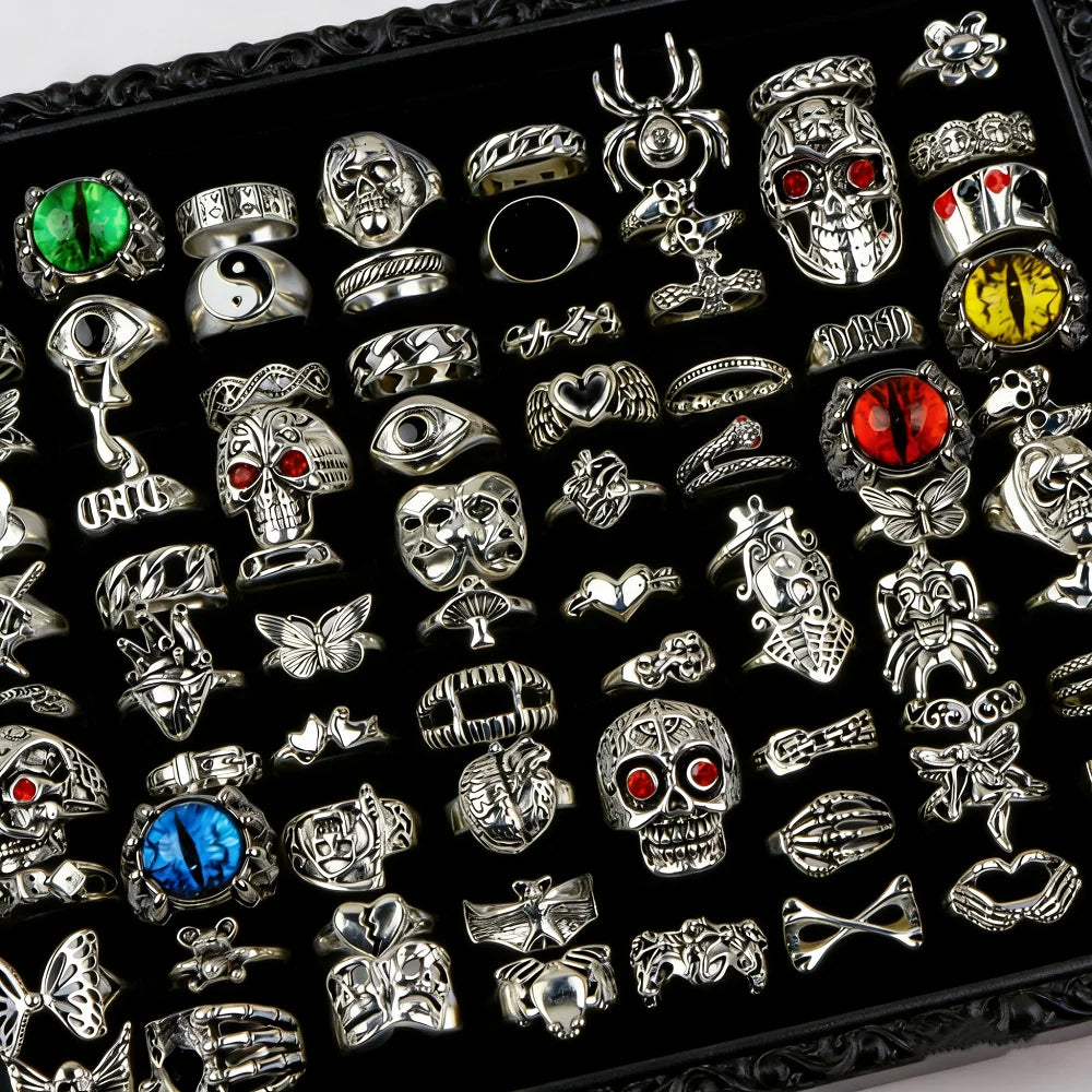 10/20/30/50Pieces Punk Gothic Eye Skull Rings Set For Women Men Mix Style Vintage Butterfly Jewelry Party Gifts