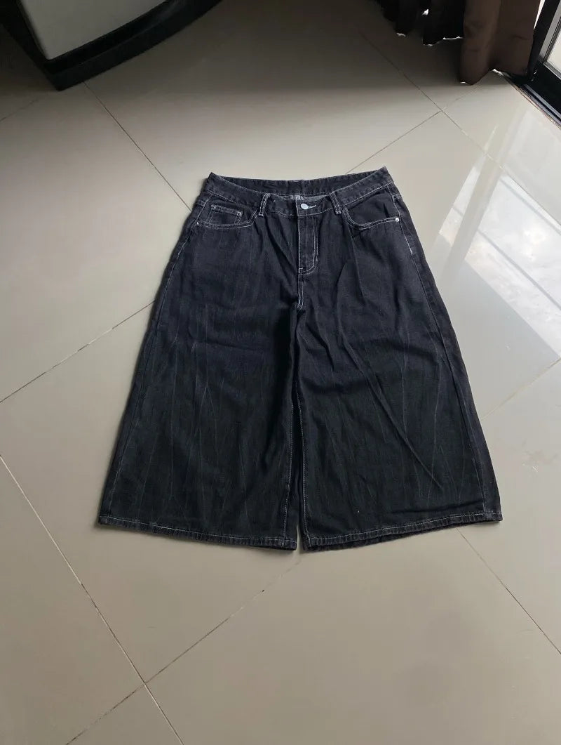 2026 American Summer New Fashion Pattern Embroidery Loose Denim Shorts Men Y2K Harajuku Hip Hop Popular Casual Wide-leg Shorts
