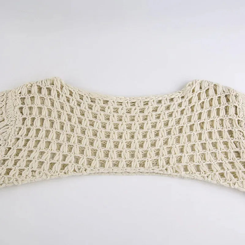 Summer Crochet Knit Hollow Out Crop Top Women Y2k Sexy Blouse Shirts Long Flared Sleeve Sweater Cover Ups Streetwear Pullovers