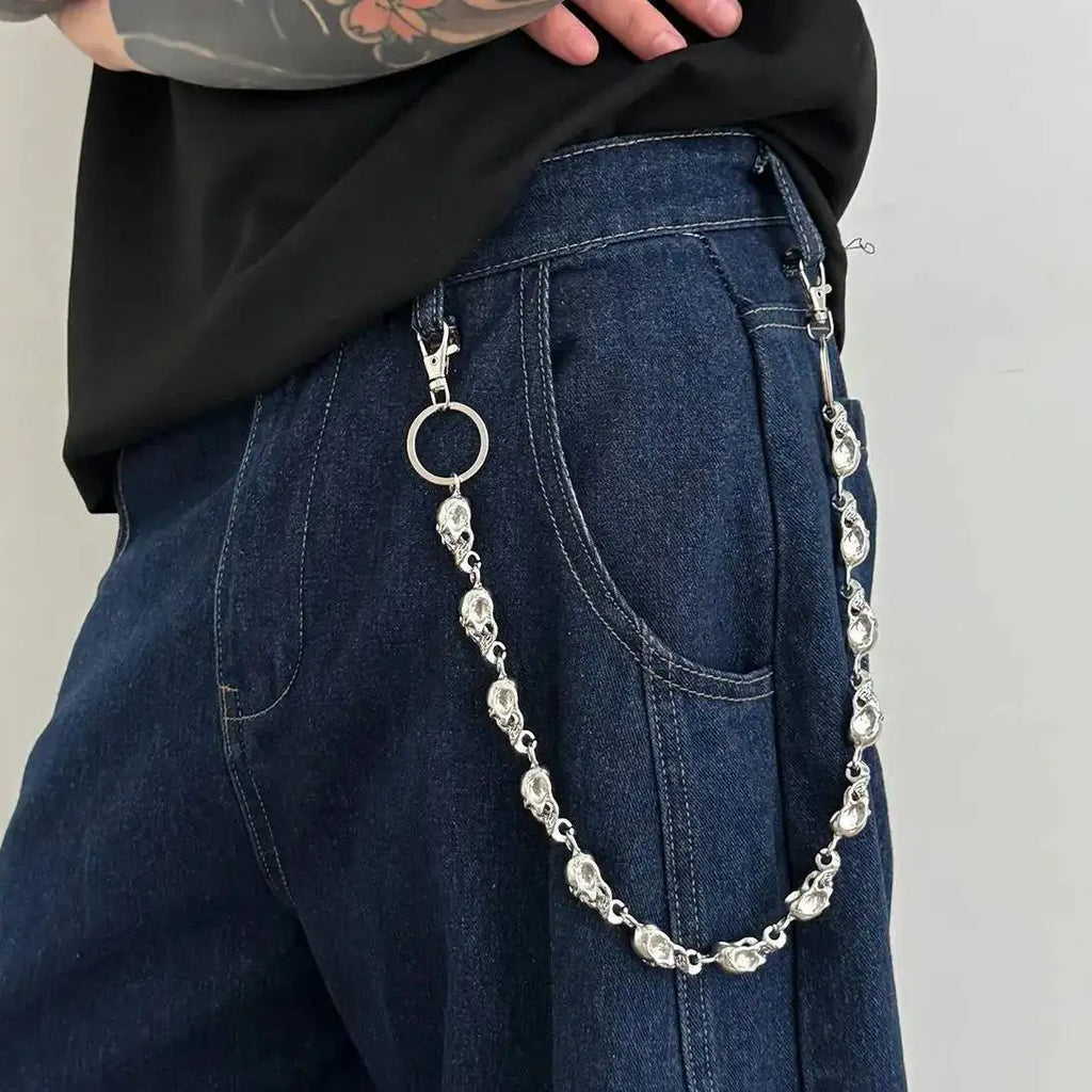Salircon Punk Exaggerated Metal Skull Keychains Waist Belts Men Hip Hop Trousers Jeans Pants Chain Jewelry Male Halloween Gift