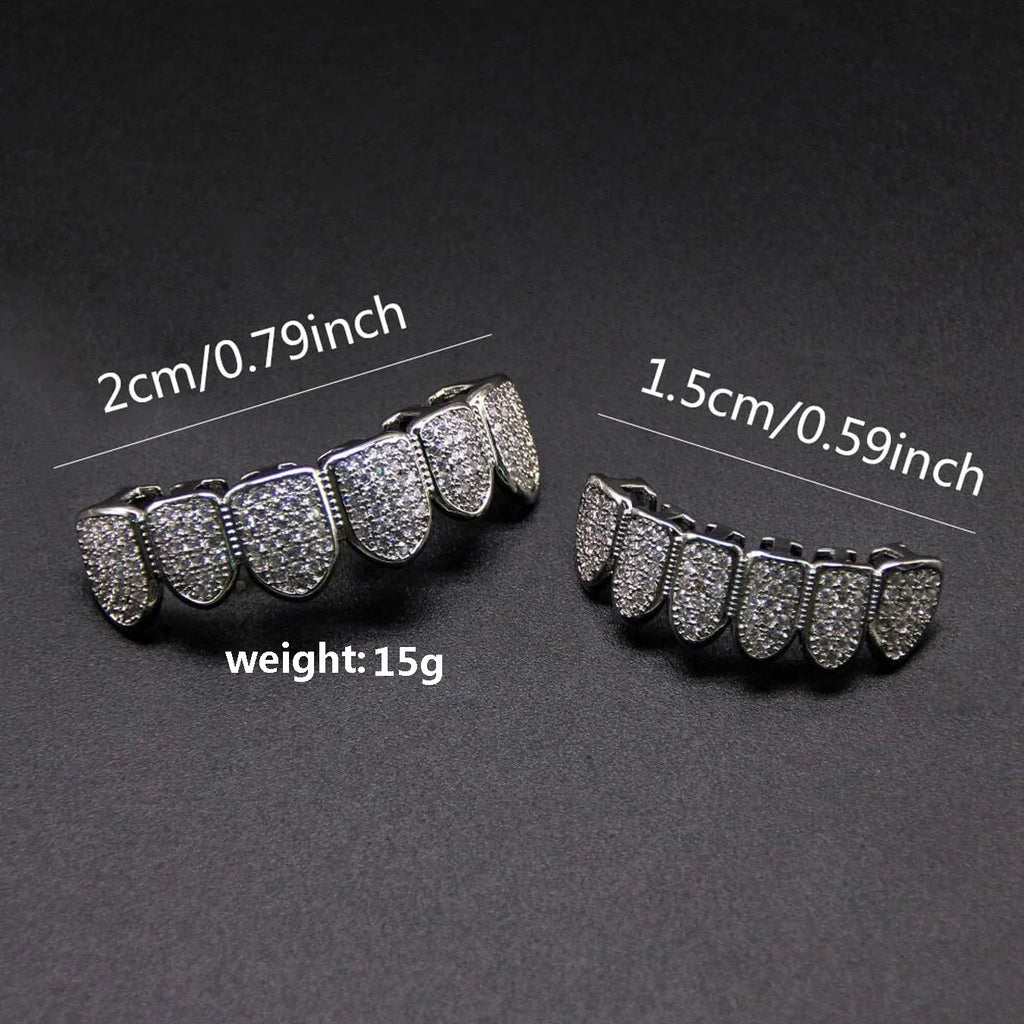 Fit Silver Plated CZ Teeth Set For Unisex Top Bottom Mouth Gold Silver Color Teeth Tooth Cap Removable HipHop Fashion Jewelry