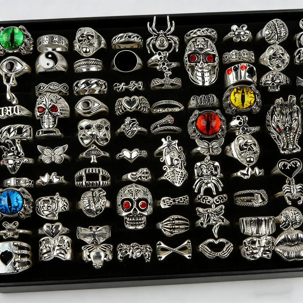 10/20/30/50Pieces Punk Gothic Eye Skull Rings Set For Women Men Mix Style Vintage Butterfly Jewelry Party Gifts