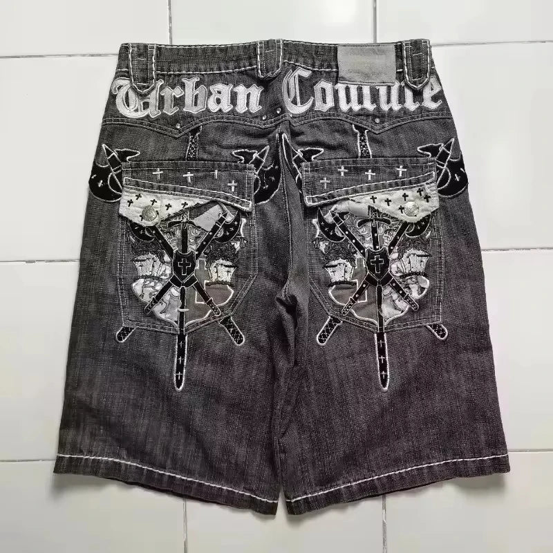 2026 American Summer New Fashion Pattern Embroidery Loose Denim Shorts Men Y2K Harajuku Hip Hop Popular Casual Wide-leg Shorts