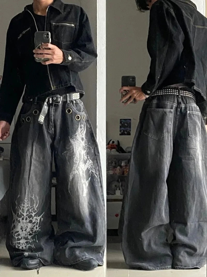 American Vintage New Pattern Printing Black Baggy Jeans Men Y2K Gothic Harajuku Hip Hop Popular Casual Joker Wide-leg Pants